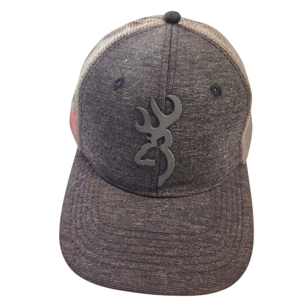 Browning Mens Buckmark Trucker Hat Grey Brown Mesh Snapback American‎ Flag Cap